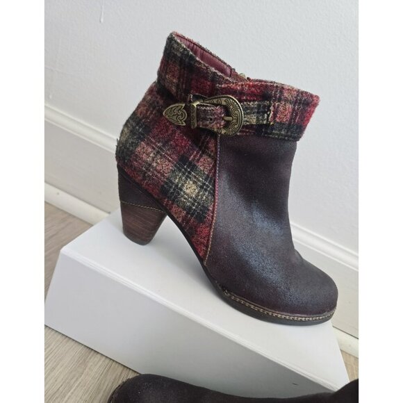 L'artiste Spring Step Scottala Burgundy Red Leather Zip Plaid Ankle Boots 39 8.5 - Picture 3 of 14